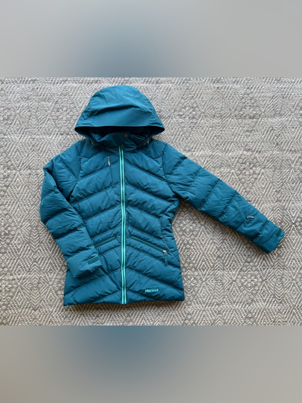 Marmot 700 Fill Duck Down‎ Hooded Puffer Jacket – Green/Turquoise – Size XS Teal